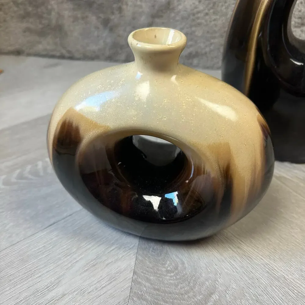 Pair of 2 Vases MCM Mid Century Modern Ceramic Brown Tan Beige Oval Circle